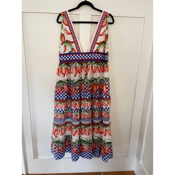 Farm Rio Pepper Print Maxi Dress V Neck Sleeveless Tiered Ruffle XL - Picture 3 of 6